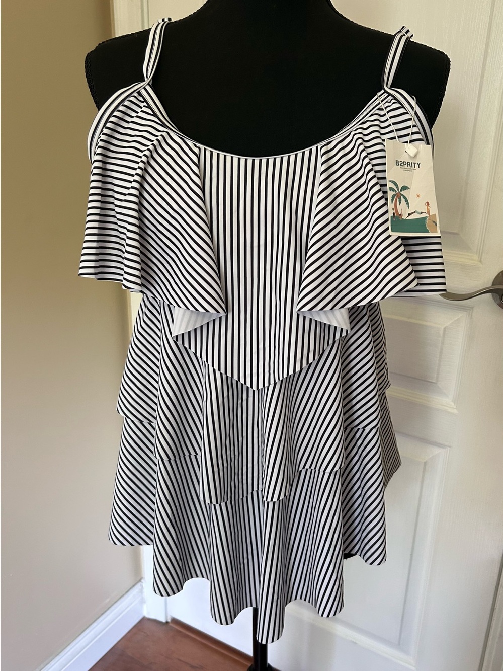 B2prity Black & White Striped tiered tankini swim top